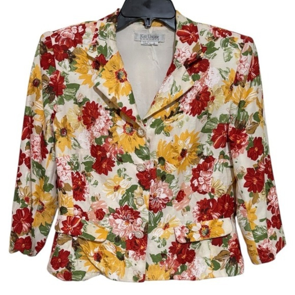Vtg Kay Unger Skirt Suit Women 8 Floral Sunflower Linen‎ Blend Blazer Midi Set - Picture 2 of 11
